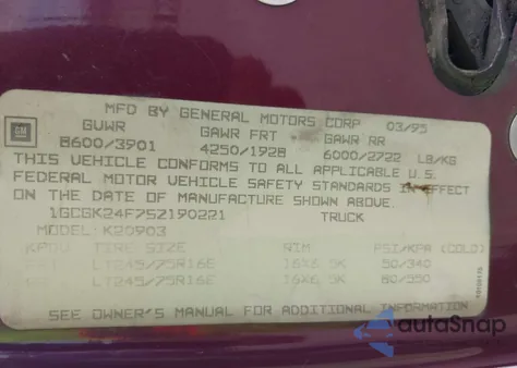 1995 Chevrolet Gmt-400 K2500 z USA, uszkodzony, nr VIN 1GCGK24F7SZ190221